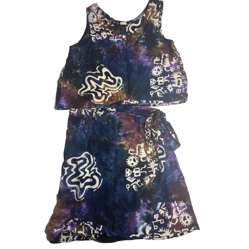 Vtg Tropical Summer Rayon Tie Dye Hippie Wrap Skirt Blouse Set Women S/M Hippie